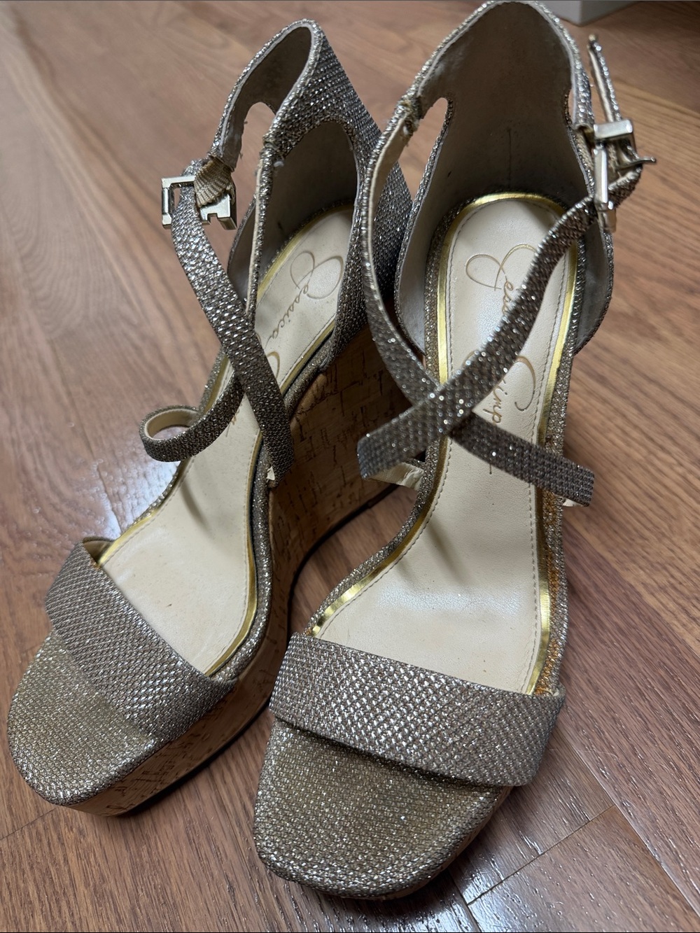 Jessica Simpson Sparkle Gold Wedge Sandals with Ankle Strap